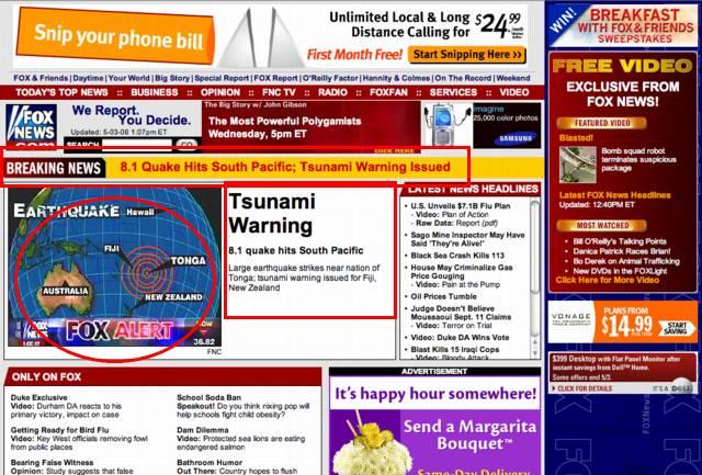 FoxNews.com screenshot during the Tonga tsunami warning